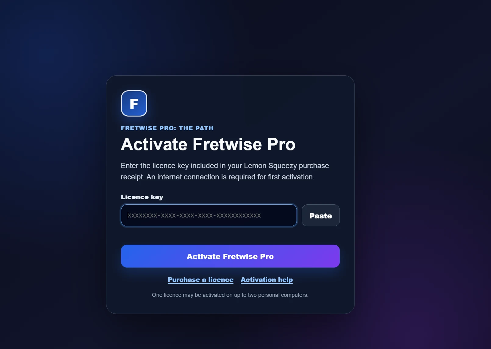 Fretwise Pro activation screen