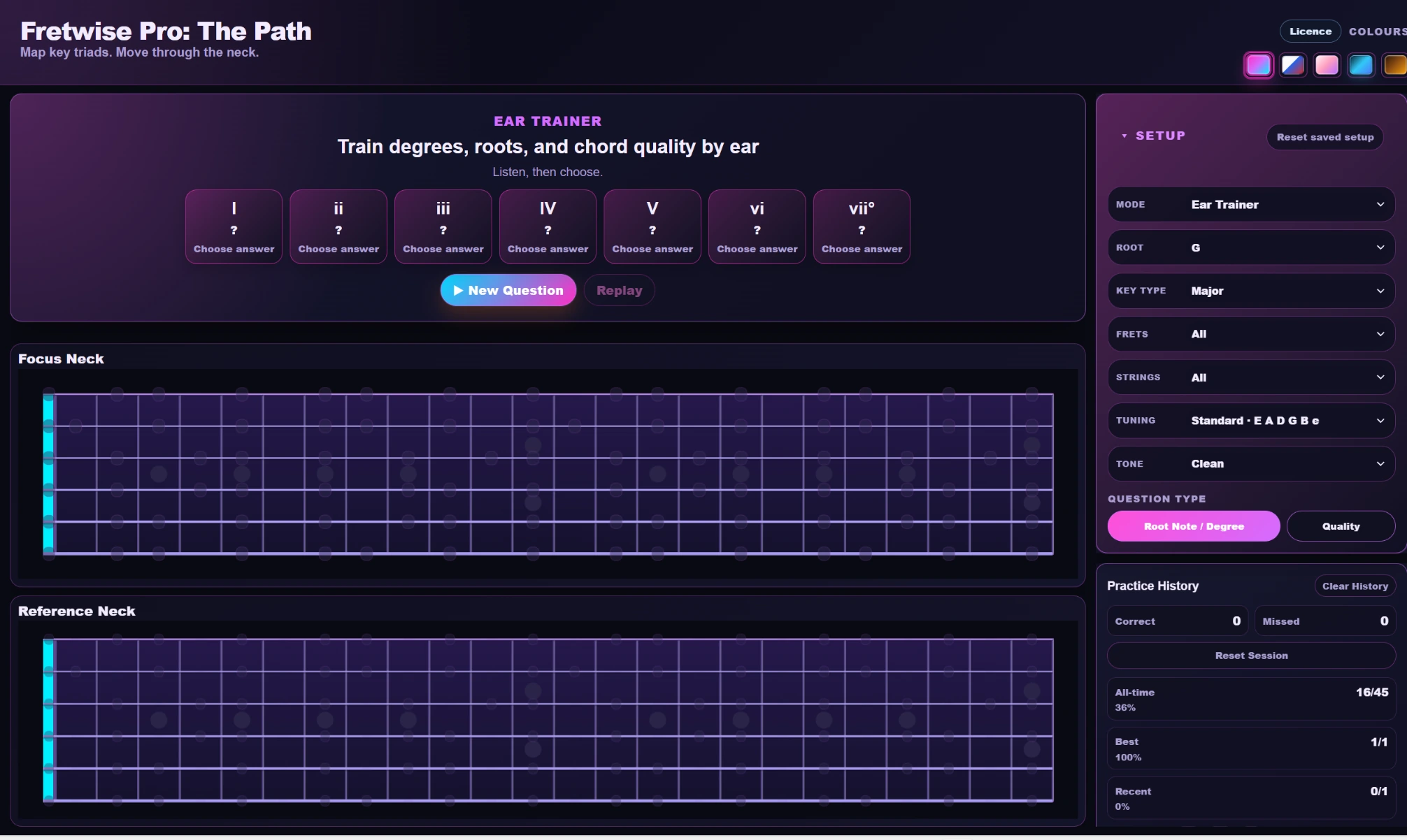Ear Trainer showing Root Note / Degree and Quality listening questions