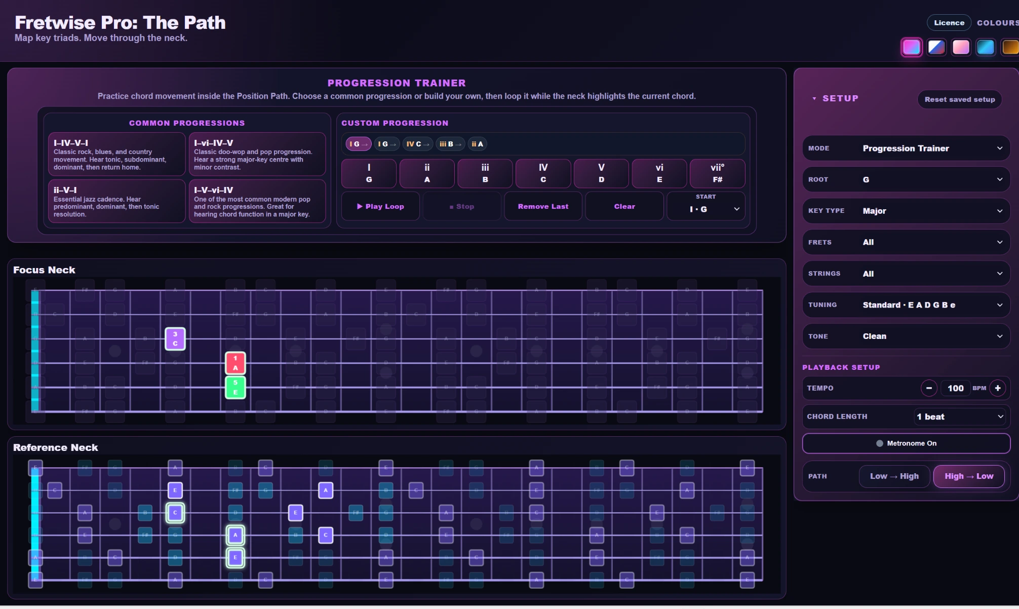 Progression Trainer showing loop controls, tempo, chord length, and progression presets