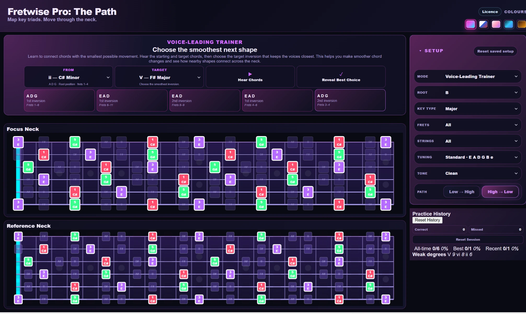Voice-Leading Trainer showing choices for the smoothest next chord shape